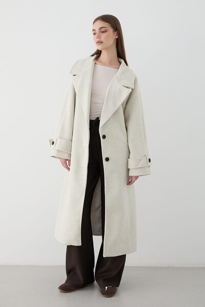 JASTE Дамско широко палто с ревер и колан TAŞ