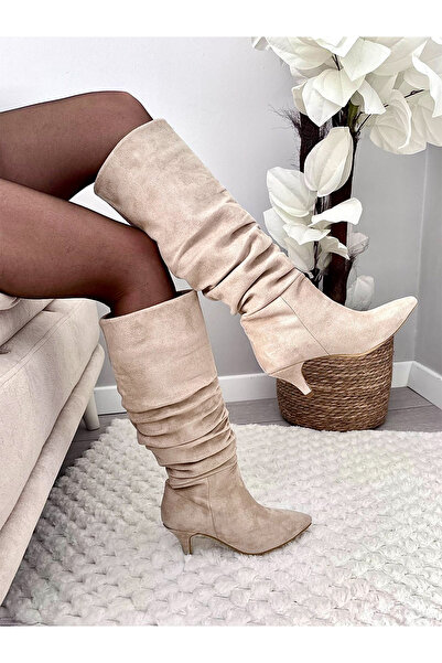 asmi shoes Kadın OSLO Topuklu Körüklü Şık Tarz Günlük Rahat Çizme Bej Süet