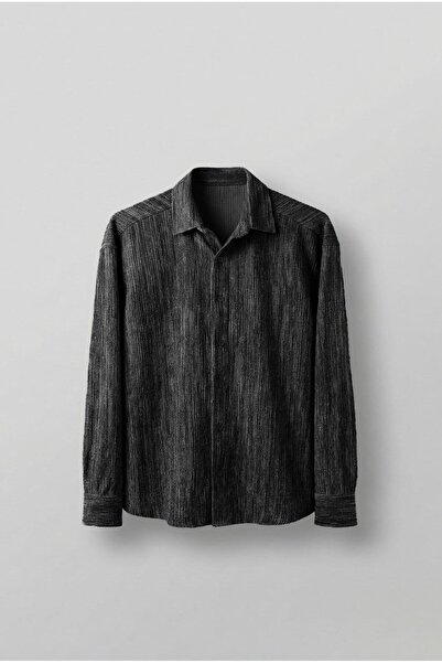 ablukaonline Men's Oversize Velvet Textured Shirt Black