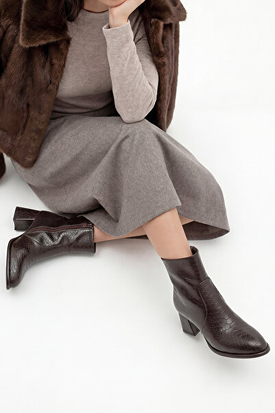 Marjin Women's Zippered Thick Heeled Boots Mirasa Brown Croco