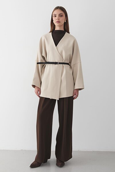 JASTE Kadın Bej Kruvaze Yaka Kemer Detaylı Kimona