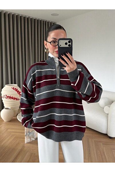 FEMMESTUDIO Women's Gray Burgundy Striped Zippered Sweater