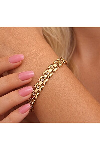 Furtek Aksesuar Women's Steel Gold Zircon Stone Bracelet Elegant Thin Adjusta...