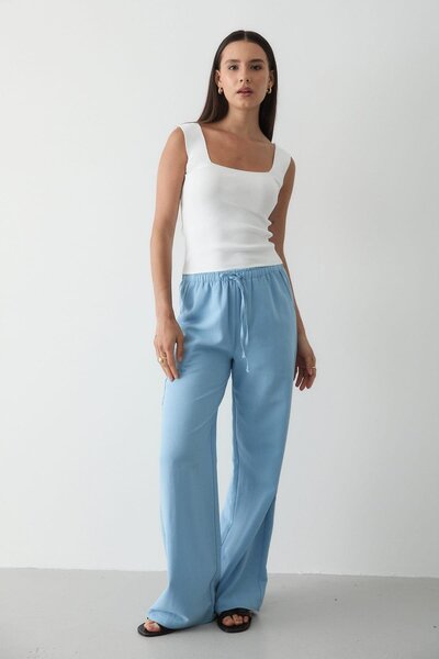 JASTE Kadın Beli Lastikli Bol Paça Palazzo Keten Pantolon MAVİ