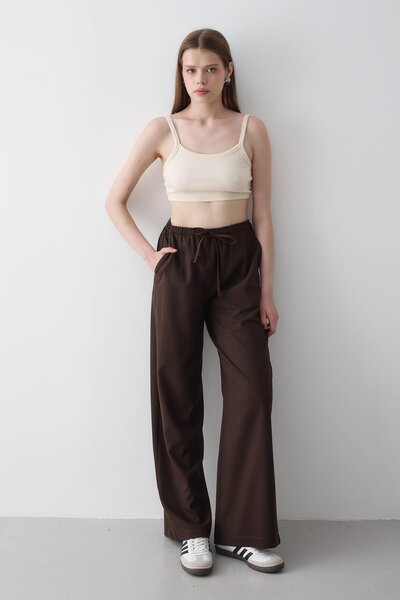 JASTE بنطلون نسائي بخصر مطاطي واسع الساق بنطلون واسع الأرجل بني غامق