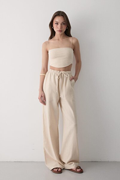 JASTE Kadın Beli Lastikli Bol Paça Palazzo Keten Pantolon BEJ