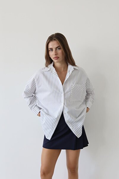 JASTE Kadın Çizgili Düğmeli Cep Detaylı Çizgili Oversize Gömlek