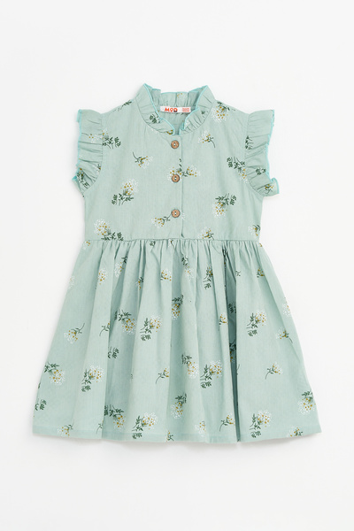 MODJEANS Dress, Floral Print, Ruffles, Cotton, Green, 110 CM