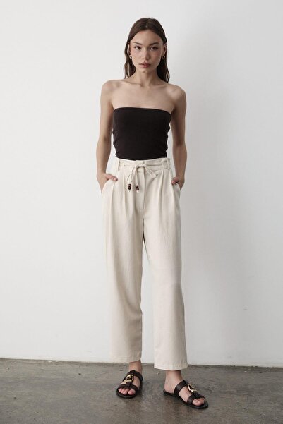 JASTE Kadın Yüksel Bel Boncuklu Bağcıklı Keten Pantolon