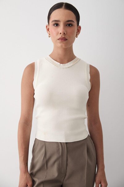 JASTE Kadın Bisiklet Yaka Taş Detaylı Kolsuz Triko Atlet