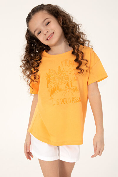 U.S. Polo Assn. تي شيرت قطني مطبوع برقبة دائرية برتقالية للفتيات 50306178-VR202