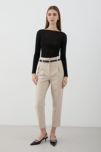 JASTE Kadın Yüksek Bel Pileli Kumaş Pantolon BEJ