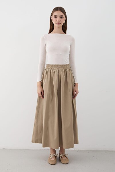 JASTE Kadın Büzgülü Beli Lastikli Uzun Maxi Etek