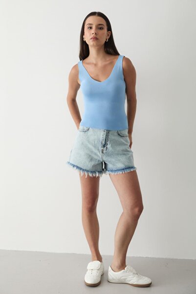 JASTE Kadın Kolsuz Kalın Askılı Kalp Yaka Triko Atlet