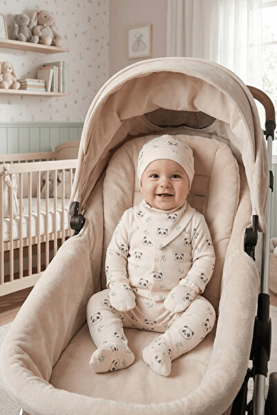 hhoneybaby Panda Patterned Natural 5-Piece Hospital Discharge Bodysuit Set