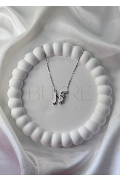 stainles steel Paslanmaz Çelik Silver Mor-Pembe Zirkon Taşlı Çiçekli N Harfi ...