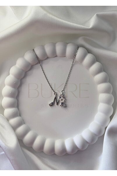 stainles steel Paslanmaz Çelik Silver Mor-Pembe Zirkon Taşlı Çiçekli M Harfi ...