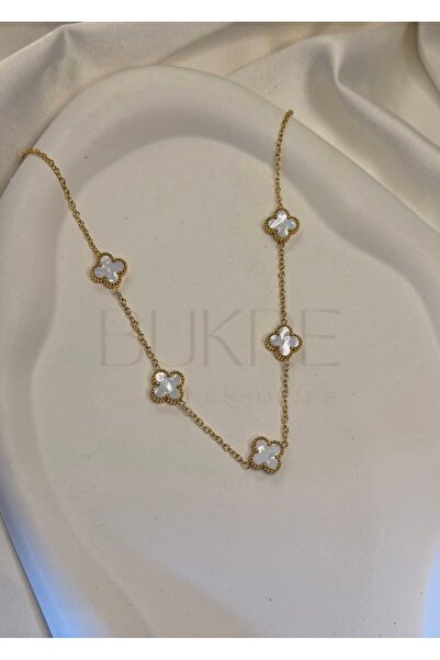 stainles steel Paslanmaz Çelik Gold Küçük Beyaz Sedefli Çift Taraflı Yonca Bi...