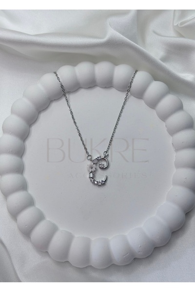 staınless steel Paslanmaz Çelik Silver Mor-Pembe Zirkon Taşlı Çiçekli C Harfi...