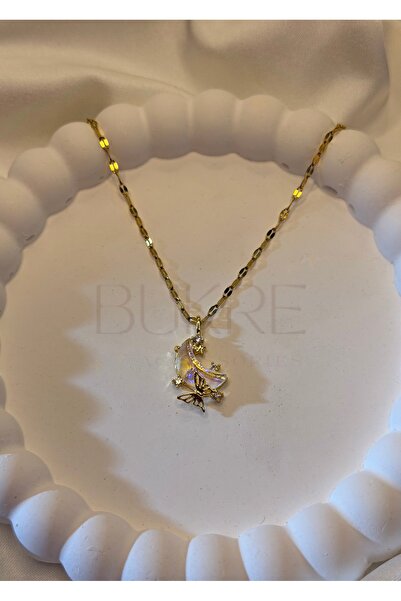 stainles steel Paslanmaz Çelik Gold Opal Lila Ay ve Kelebek Kolye