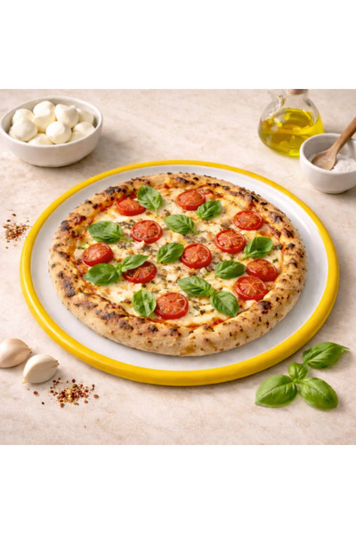 Luyano Emaye Pizza Tabak 30cm 1 Adet Oksit Sarı Kenar Bantlı Beyaz Renk BPA F...