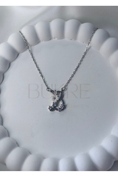 stainles steel Paslanmaz Çelik Silver Mor-Pembe Zirkon Taşlı Çiçekli B Harfi ...