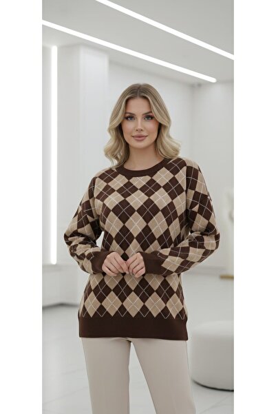 ZARİNCE LİFE Women's Oversized Argyle Pattern Round Neck Knitwear Sweater