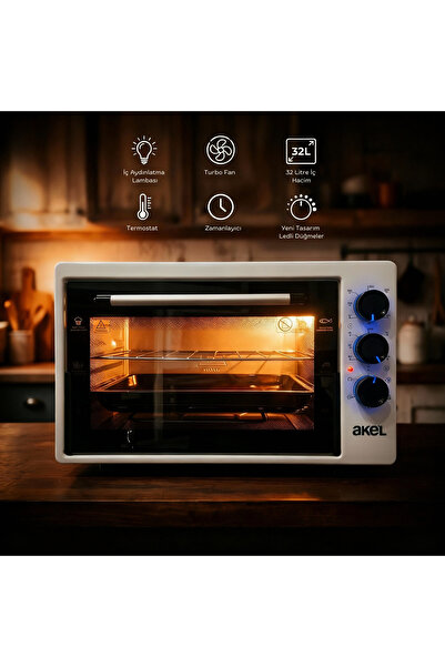 Akel AF280LF 32 Litre Beyaz Midi Fırın, Mavi Led Düğme, İç Aydınlatma, Turbo ...