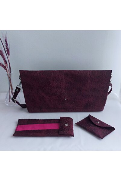 Tahtadenizi Bordo Puantiyeli Hakiki Deri Kadın Omuz Çantası El Çantası Clutch Çanta El Yapımı