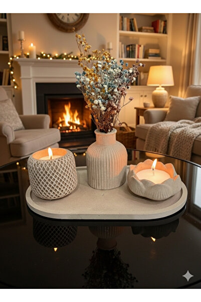 MatBeyaZ Açık kahve Örgü mumluk çiçeklik vazo ve büyük tepsi (çiçek dahil değ...