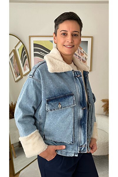 ZEYN ESTİLO Kadın Peluş Detaylı Poşet Cepli Denim Mont