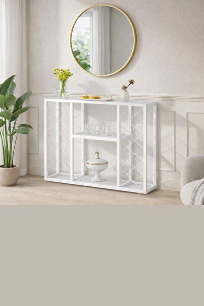 janiyeva Beyaz Metal BEYAZ Ahşap Konsol – Dekoratif Metal Raf & Şaraplık – Ha...