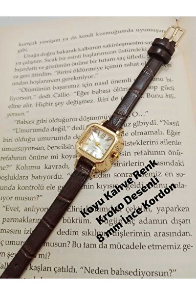 Classy Lova Vintage Tasarım - Koyu Kahverengi Renk Kordon - Minimal Gold Kare...