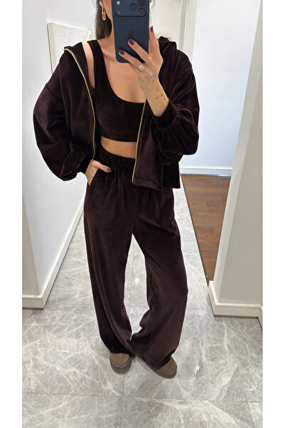 WOMKA Women's Velvet Fabric Three Piece Tracksuit Set