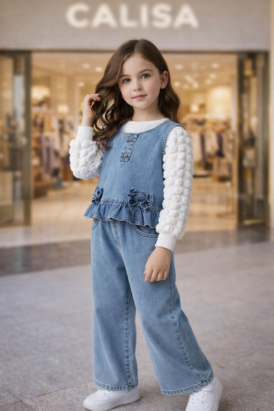 CALİSA Girl's Denim Ruffle Two-Piece Set - 6/10 Years Old Blue Jeans Holiday ...
