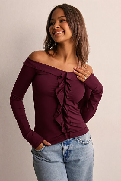 ecemore بلوزة مادونا بأكمام طويلة وتفاصيل كشكشة على الواجهة الأمامية