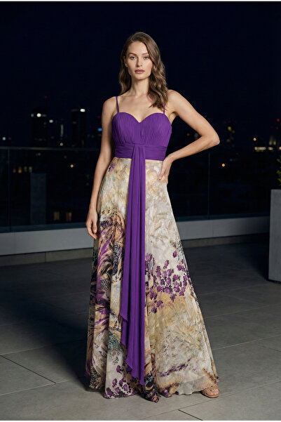 Miss Point Askılı Şifon Uzun Abiye Elbise – Mor, Desenli, Bel Drapeli, Yaz Da...