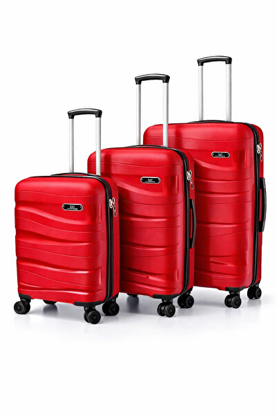 Basarideri Dalgalı Silikon 3'lü Valiz Set Kırmızı