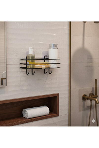 BUSEMSİ HOME Siyah Yapışkanlı 4 Kancalı Banyo Rafı Baharatlık Banyo Rafı Şamp...