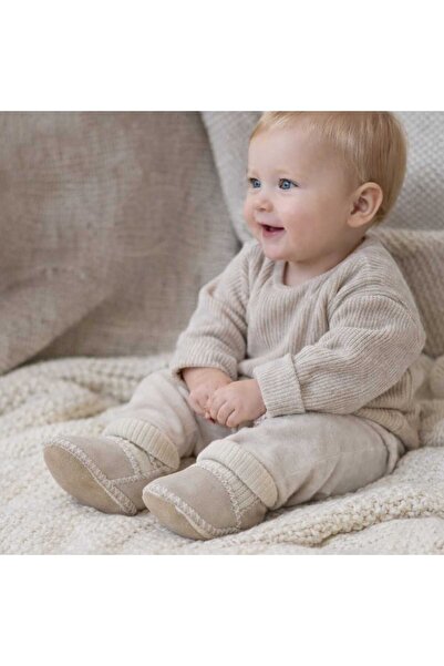 BEBEĞİME ÇORAP Organik Deri Bebek Patiği -Bileği Çoraplı Bebek ev Ayakkabısı