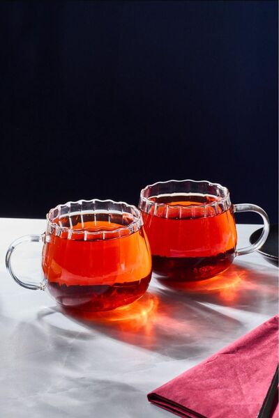 KÜÇÜK EW 2 Pieces Heat Resistant Borosilicate Thermosil Mug with Line Design Glass Cup Coffee Presentation Cup