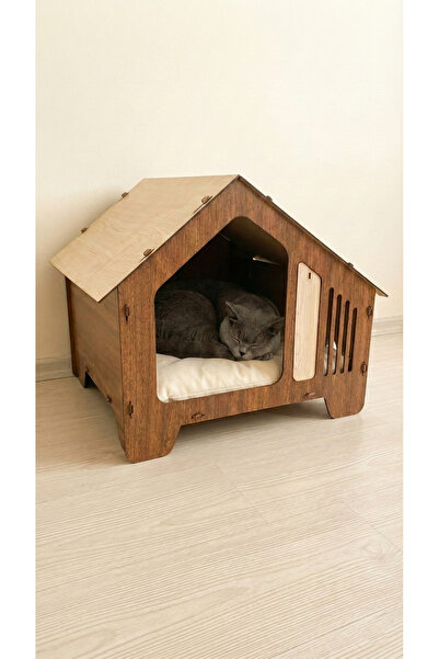 Pawudio Ahşap Özel İsim Baskılı Kedi ve Küçük Irk Köpek Evi – İç Mekan Kulübesi