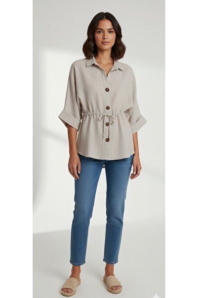 EsSo butik Polo Yaka Belden Bağlamalı Truvukar Kollu Keten Gömlek