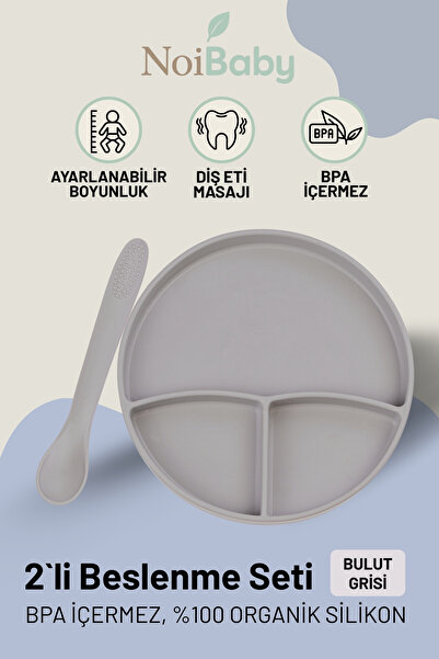 NoiBaby Vakum Tabanlı Silikon Tabak - Silikon Kaşık 2'li Set - ( Gri )