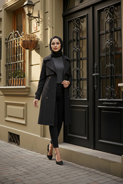 Zeneva Collection Siyah %100 Pamuk Gabardin Midi (95 cm) Astarlı Kemerli Kadı...