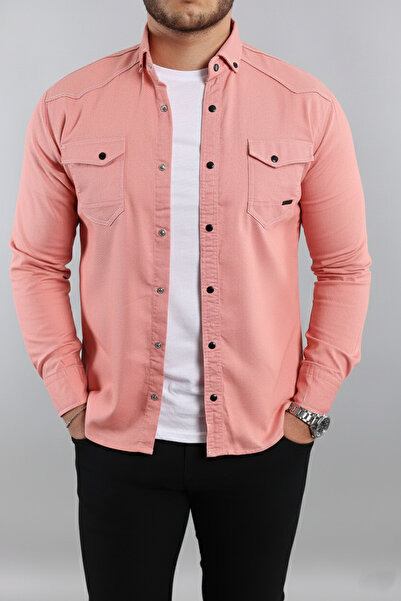 a02teks قميص جينز رجالي بقصة ضيقة مسحوق فاتح