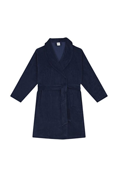 Antebies Organik Lacivert Kadife Belden Kuşaklı Uzun Kollu Erkek Çocuk Sabahlık