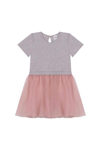 Antebies Gri Pembe Tütülü Kısa Kollu Kız Çocuk Elbise