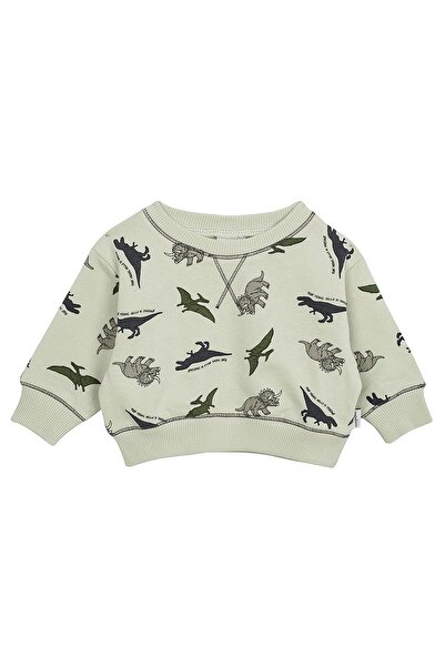 Antebies Organic Beige Dinosaur Adventure Patterned Cuffed Baby Boy Sweatshirt