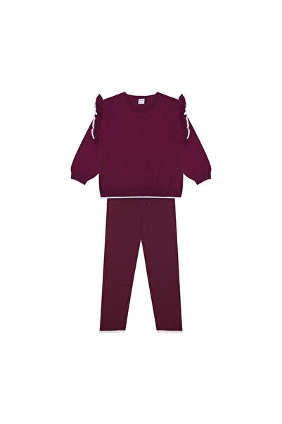 Antebies Beyaz Fırfırlı Bordo Triko Sweatshirt Tayt Takım